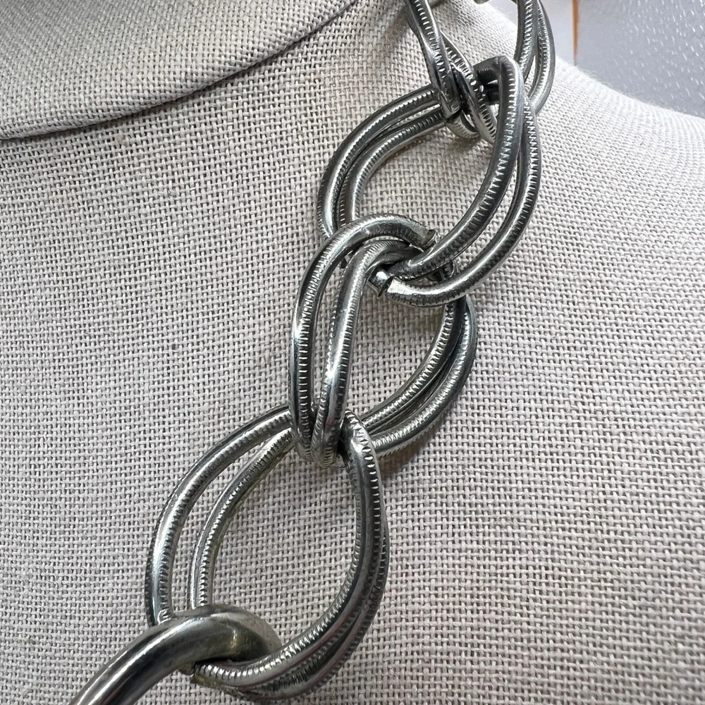 Heavy Chunky Silver Tone Statement Necklace Signed N Oversized Links 222g
